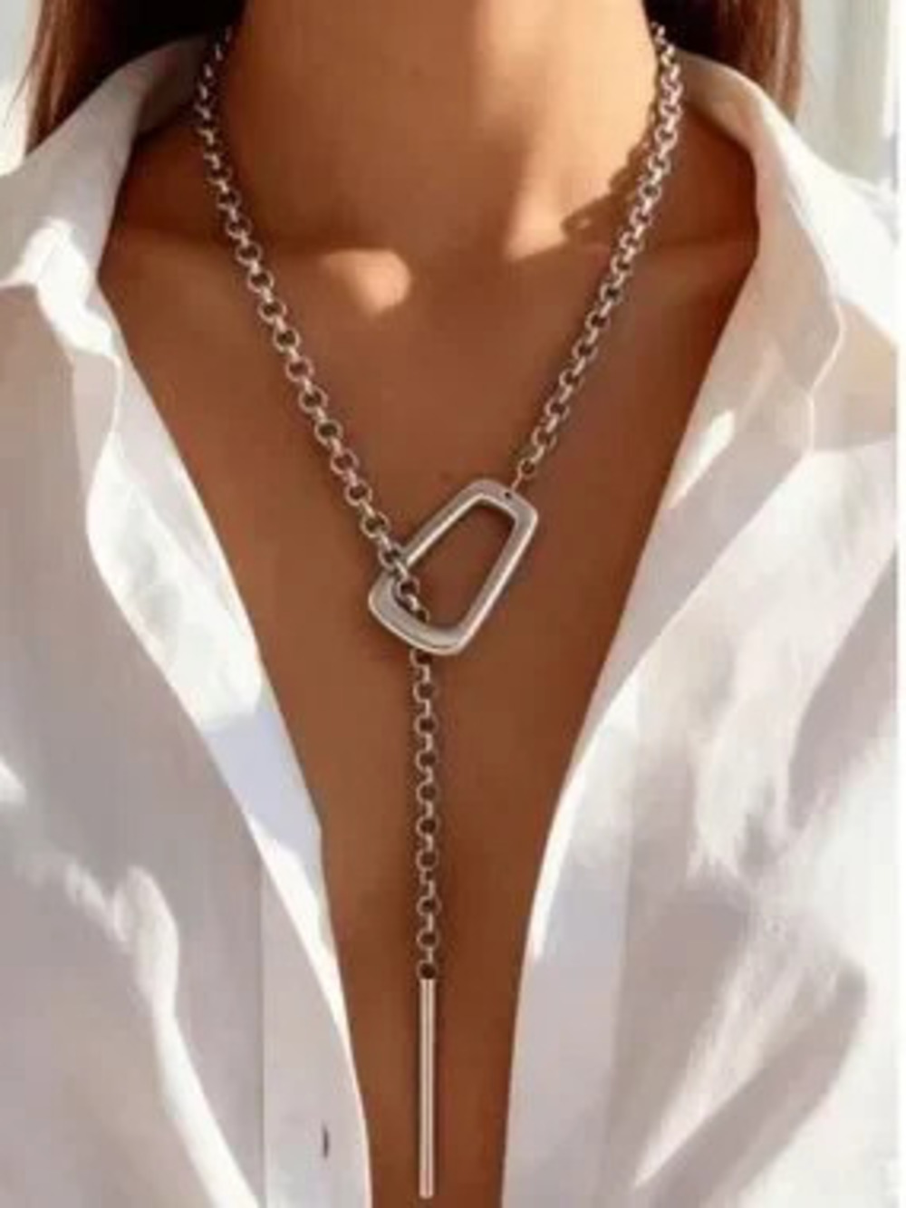 Modern Silver Chunky Chain Lariat Necklace